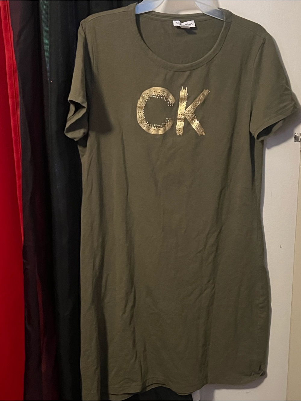 Calvin Klein Olive Tee Dress with Gold CK Bling Emblem SizeL